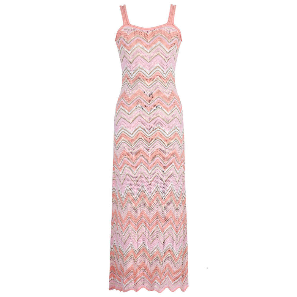 For Beach Resort Luxury Designer Hollow Chevron Knit Maxi Matching Top Women Elegant Sling Bodycon Long Dress Missonii Bikini dress