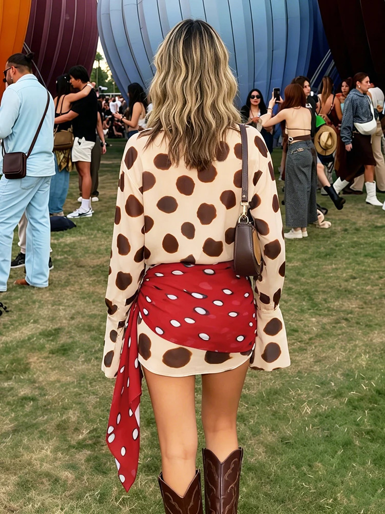 Cute Sexy Single-Breasted Dress Women Silk Scarf Strap Patchwork Full Sleeve Polka Dot Print tie Music Festival Bodycon 260615 - view 6