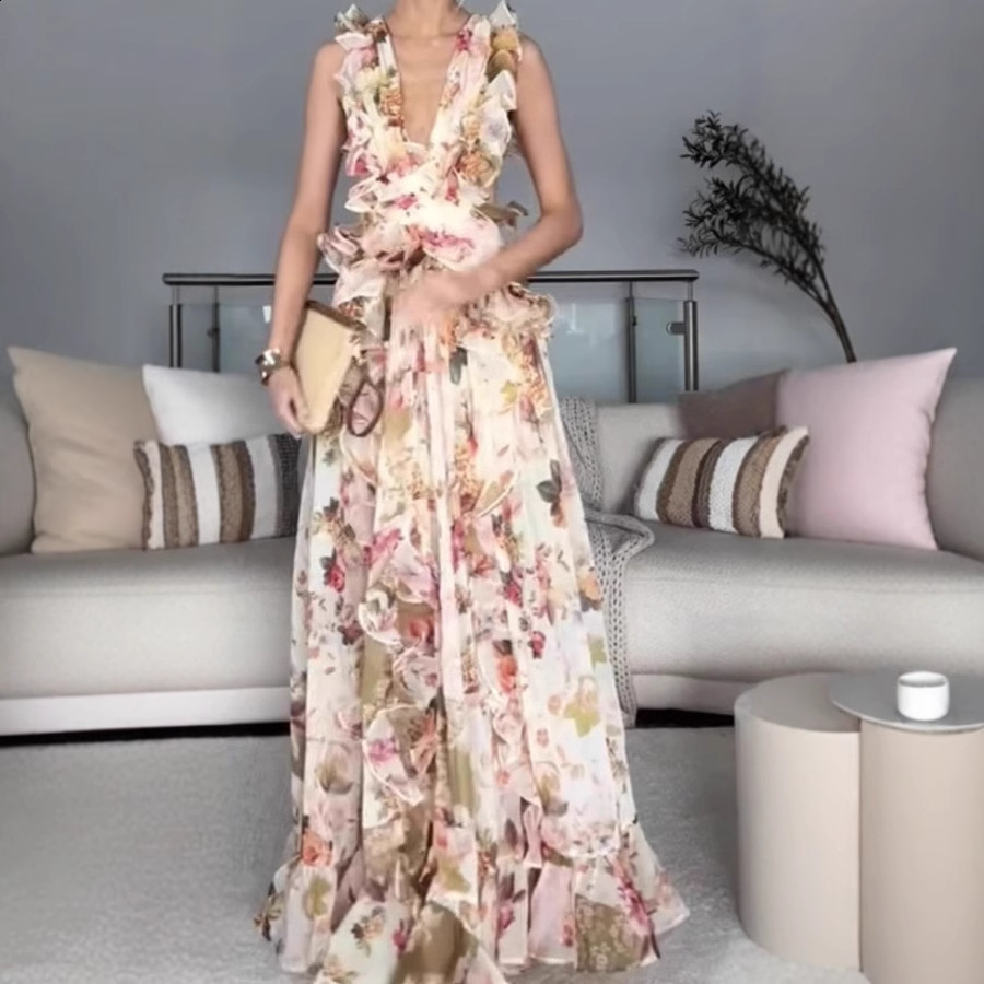 Sexy Womens Clothing fashion Elegant Thin Shoulder Strap Ruffled VNeck Printed Dress 250610