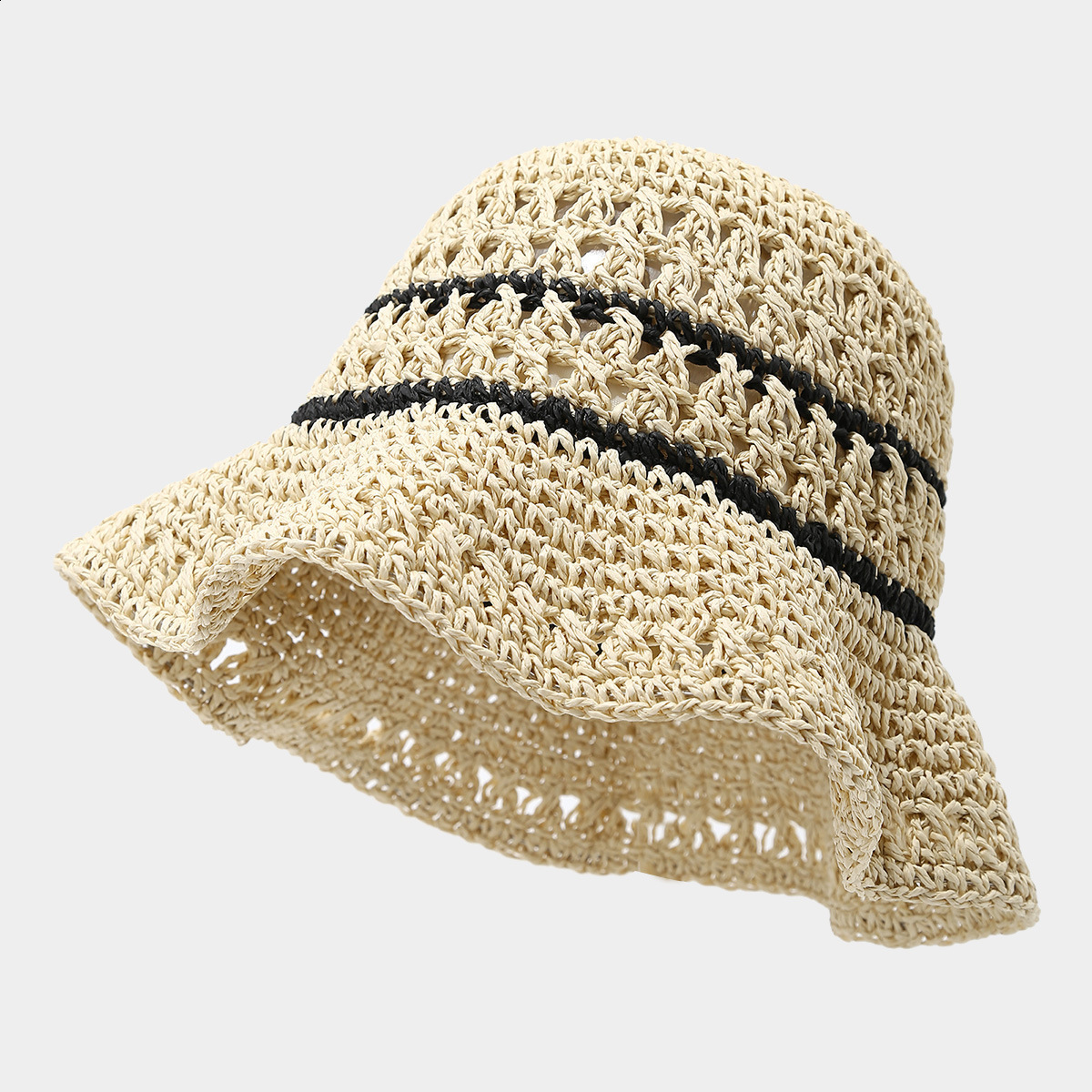 Korean Style Spring Summer Fashion Hook Flower Breathable Straw Woven Shapable Bucket Hat for Women Beach Vacation Casual Sun Protection 260228