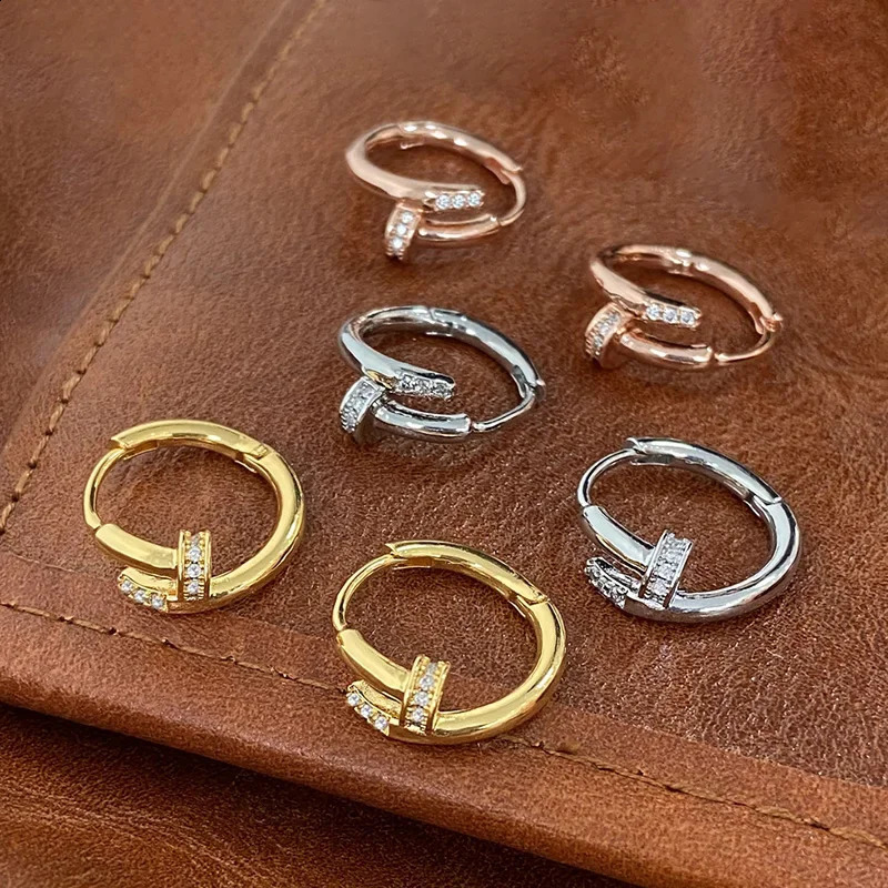 Silver Color Zircon Nail Round Hoop Earrings for Women Minimalist Trendy Fashion Jewelry Shiny Tool y260611