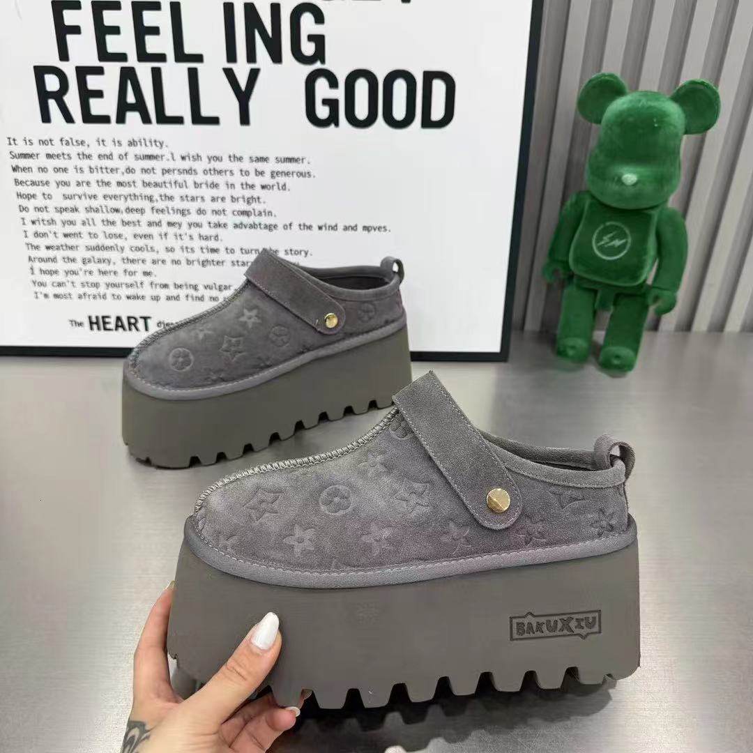 Women Vintage Embossed Logo Platform Mule Clogs Suede Backless Slip On Thick Lug Sole Warm Winter Fleece Lined Slide Shoes - view 5