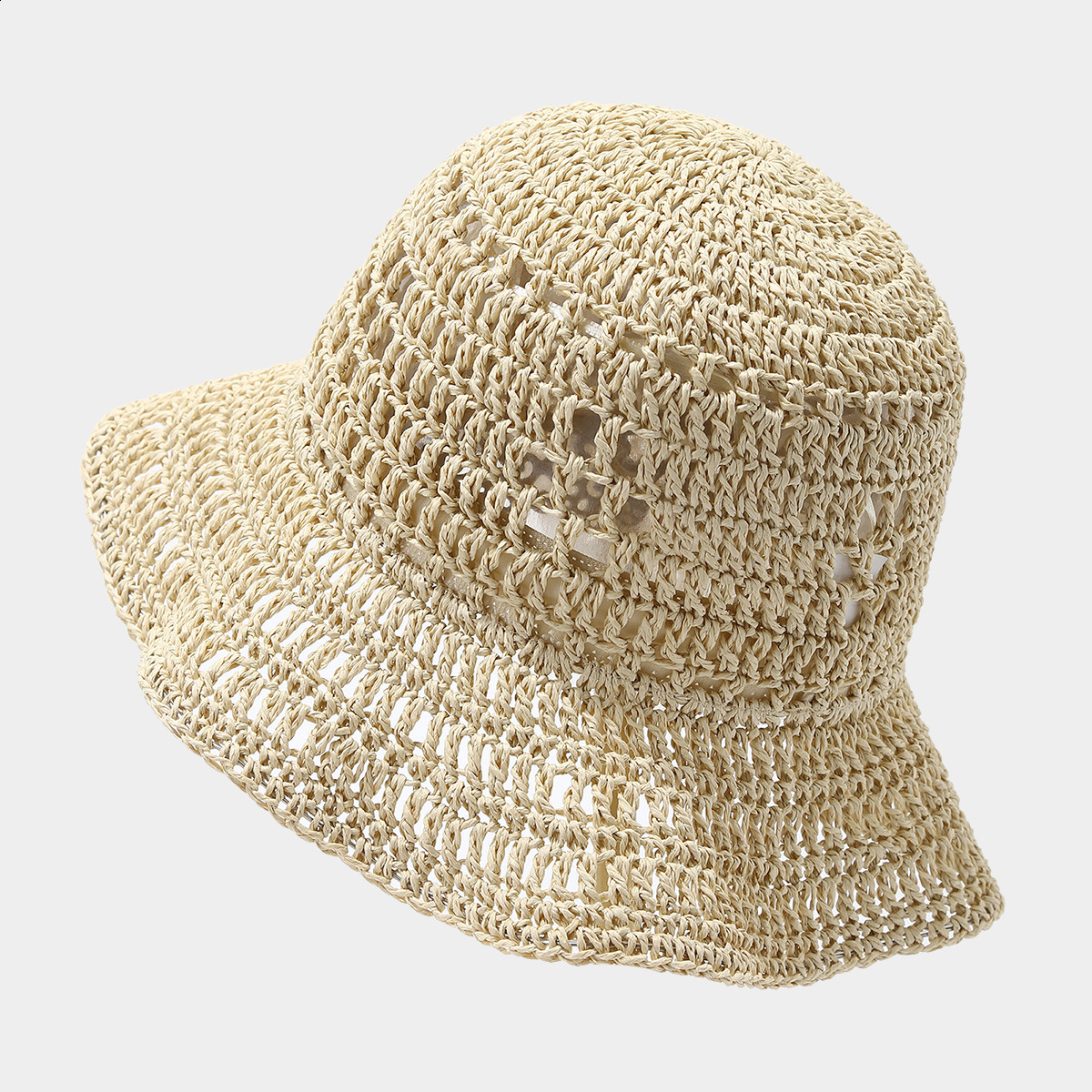 Korean Style Spring Summer Fashion Hook Flower Breathable Straw Woven Shapable Bucket Hat for Women Beach Vacation Casual Sun Protection 260228