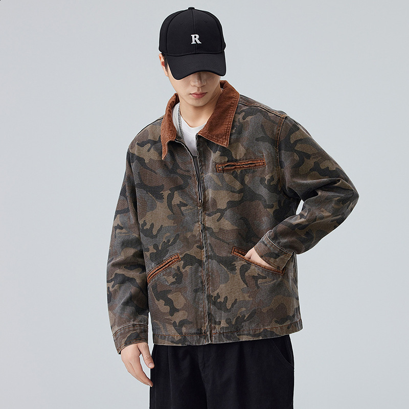Mens Spring Casual Camouflage Jacket Retro Detroit Color Comparison Splicing Work Collar Heavy Cargo Jacket 250403