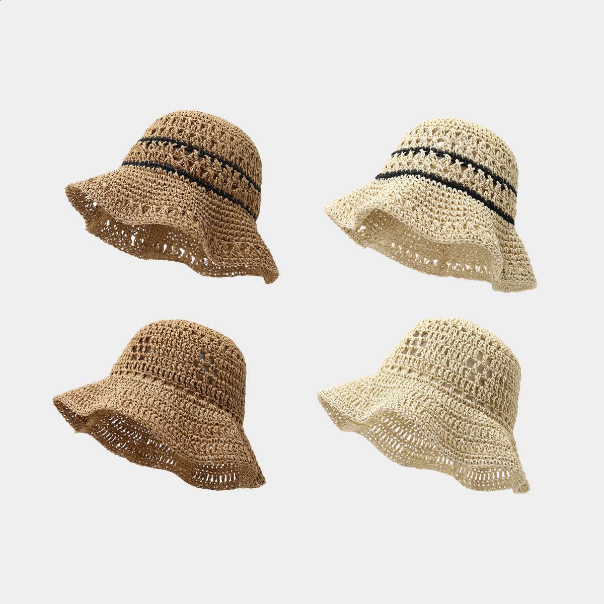 Korean Style Spring Summer Fashion Hook Flower Breathable Straw Woven Shapable Bucket Hat for Women Beach Vacation Casual Sun Protection 260228