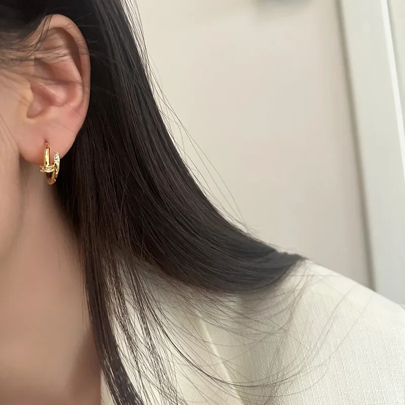 Silver Color Zircon Nail Round Hoop Earrings for Women Minimalist Trendy Fashion Jewelry Shiny Tool y260611 - view 5