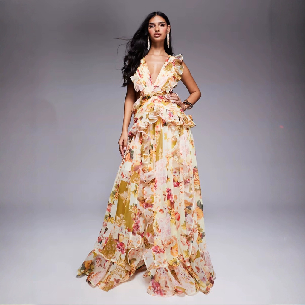 Sexy Womens Clothing fashion Elegant Thin Shoulder Strap Ruffled VNeck Printed Dress 250610