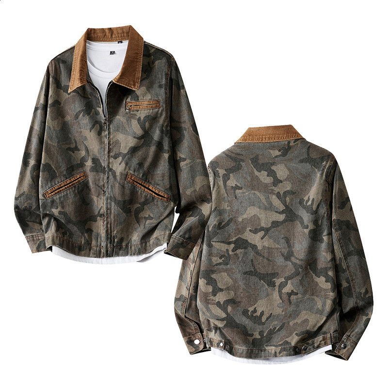 Mens Spring Casual Camouflage Jacket Retro Detroit Color Comparison Splicing Work Collar Heavy Cargo Jacket 250403