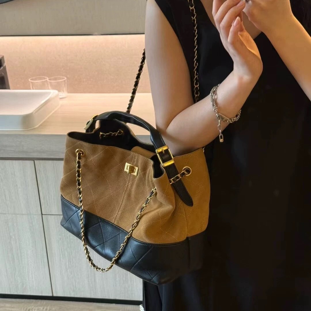 Women Two Tone Suede Leather Bucket Bag Quilted Chain Crossbody Handbag Gold Turn Lock Top Handle Large Capacity Shoulder Tote Purse - view 3