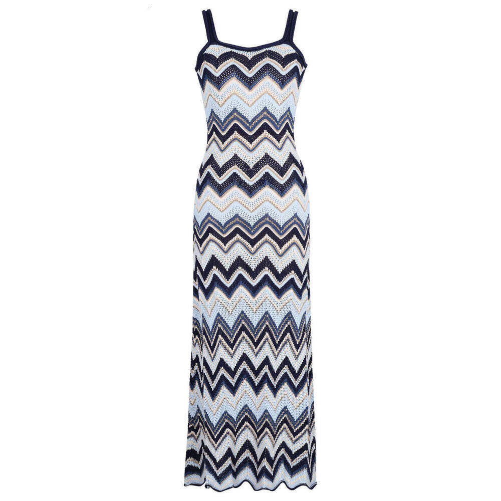 For Beach Resort Luxury Designer Hollow Chevron Knit Maxi Matching Top Women Elegant Sling Bodycon Long Dress Missonii Bikini dress