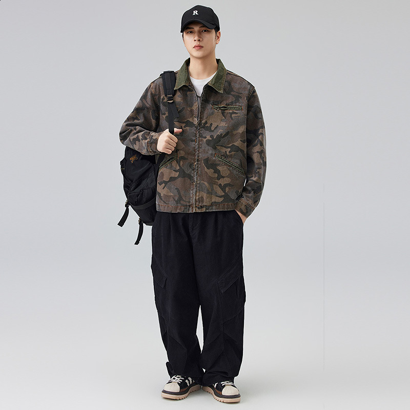 Mens Spring Casual Camouflage Jacket Retro Detroit Color Comparison Splicing Work Collar Heavy Cargo Jacket 250403