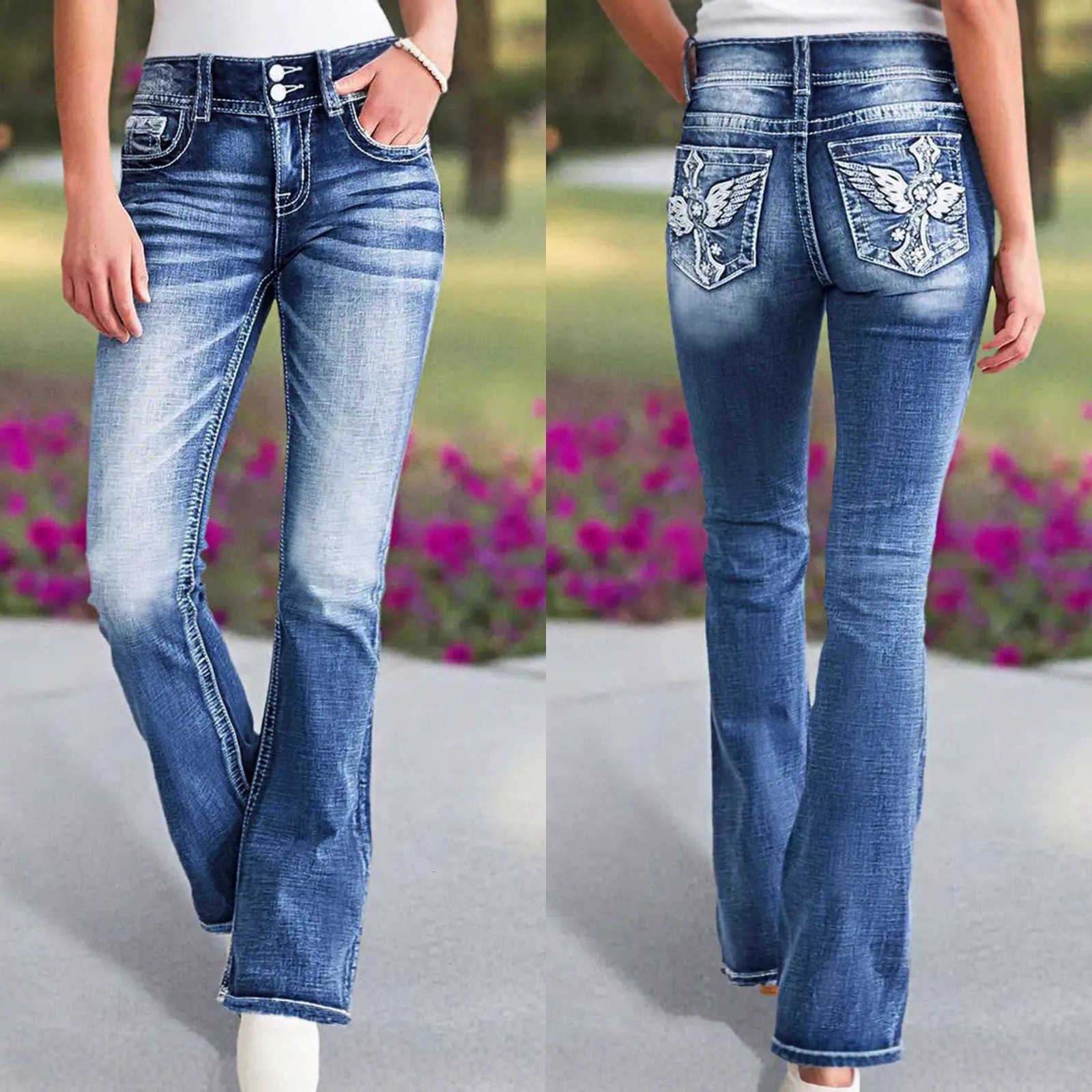 Jeans with cross-stitch embroidery, low-waist design, washed look, and slightly flared hem. M260616