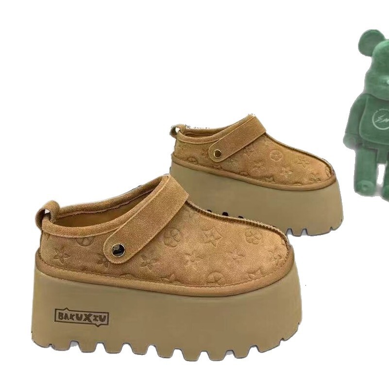 Women Vintage Embossed Logo Platform Mule Clogs Suede Backless Slip On Thick Lug Sole Warm Winter Fleece Lined Slide Shoes - view 6