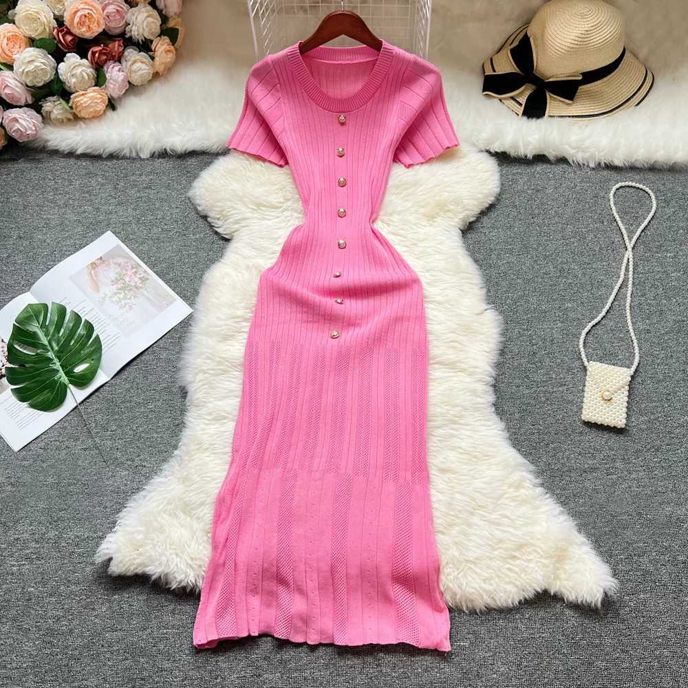 Long Summer Women Knitted YuooMuoo 2026 Dress Brand Fashion O-neck Buttons Bodycon Sweater Dress Elegant Lady Office Vestidos H260707