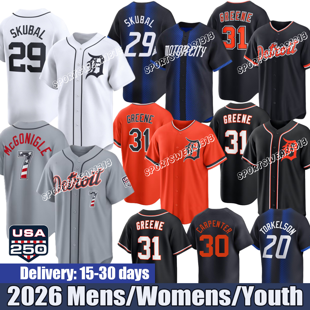 Detroitcity Tigers Jersey #29 Skubal #31 Greene #28 Baez #20 Torkelson #24 Cabrera #60 Baddoo Baseball Jerseys