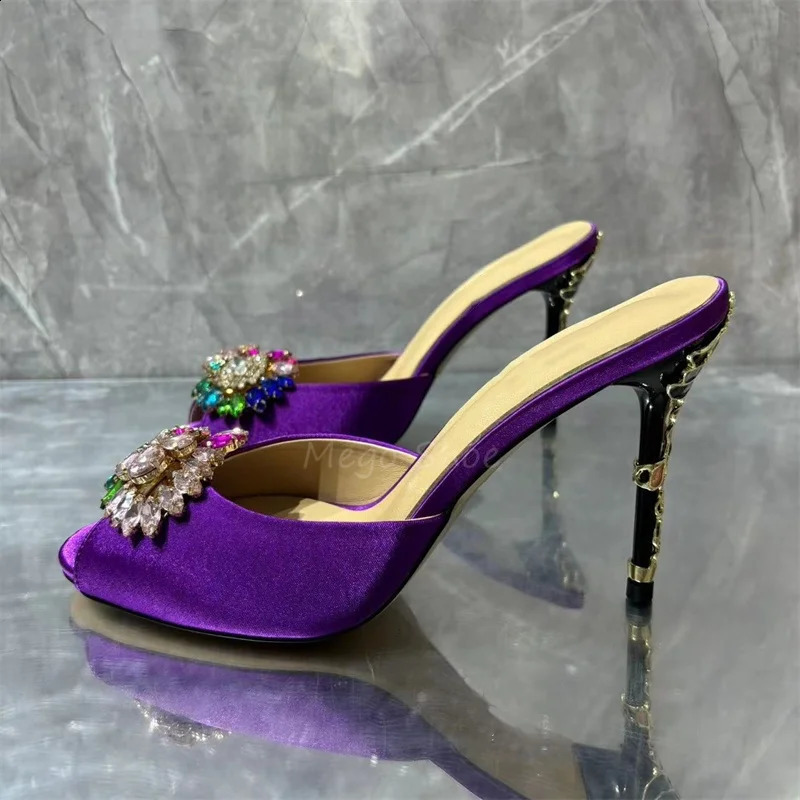 Crystal Stiletto High Heels Purple Velvet Slippers for Women Banquet Shoes Sexy Sandals Shoes Handmade High Quality Big Size 43 260616