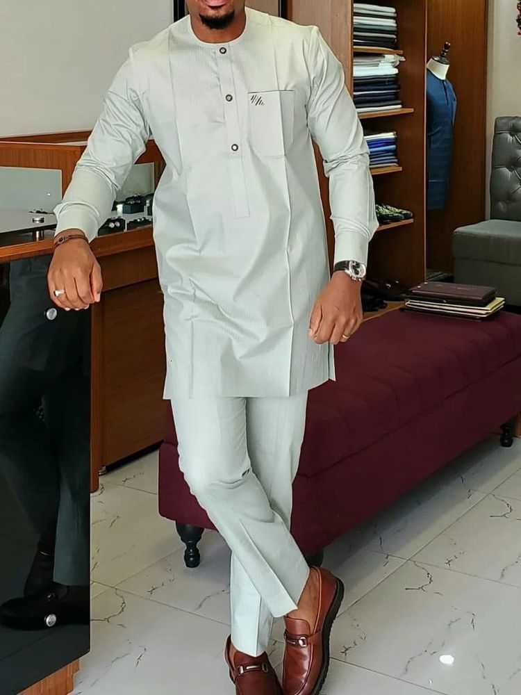 Men's wedding new suit 2-piece men's pants set solid color round-neck long-sleeve festival African ethnic style X250704