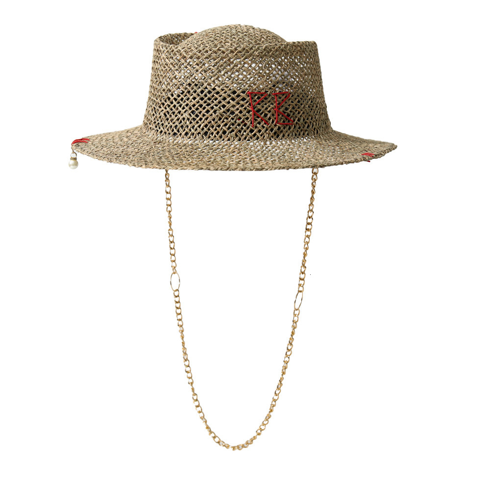 Summer sun hat Lafite grass French straw hat Womens chain decorated straw hat Holiday Sun hat Punk style beach 250325