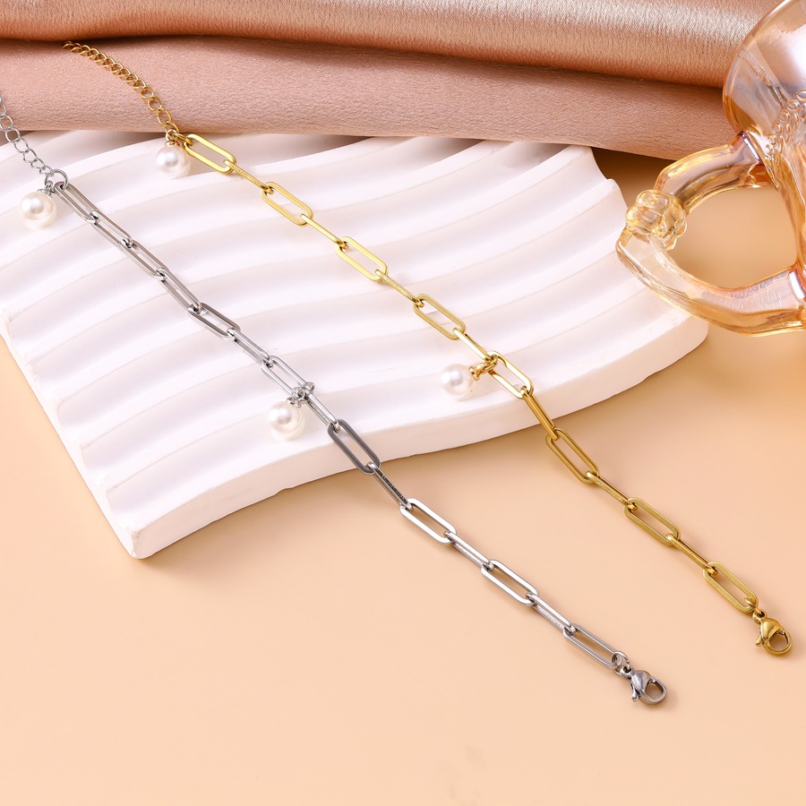 New European and American cross-border personalized pearl paperclip bracelet, niche design, gold-plated stainless steel jewelry, in-stock wholesale - view 5
