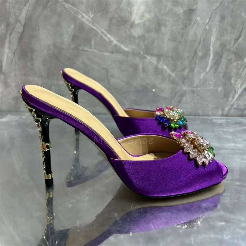 Crystal Stiletto High Heels Purple Velvet Slippers for Women Banquet Shoes Sexy Sandals Shoes Handmade High Quality Big Size 43 260616 - view 4