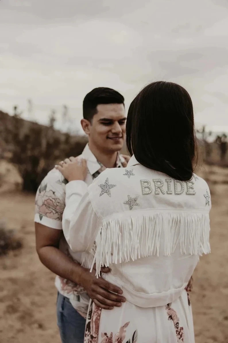 Denim Jacket With Stars White Fringe Pearl Rhinestone Personalized Bride Jacket Custom MrsJean Wifey Denim Wedding Coats Tops 260618CJ - view 4