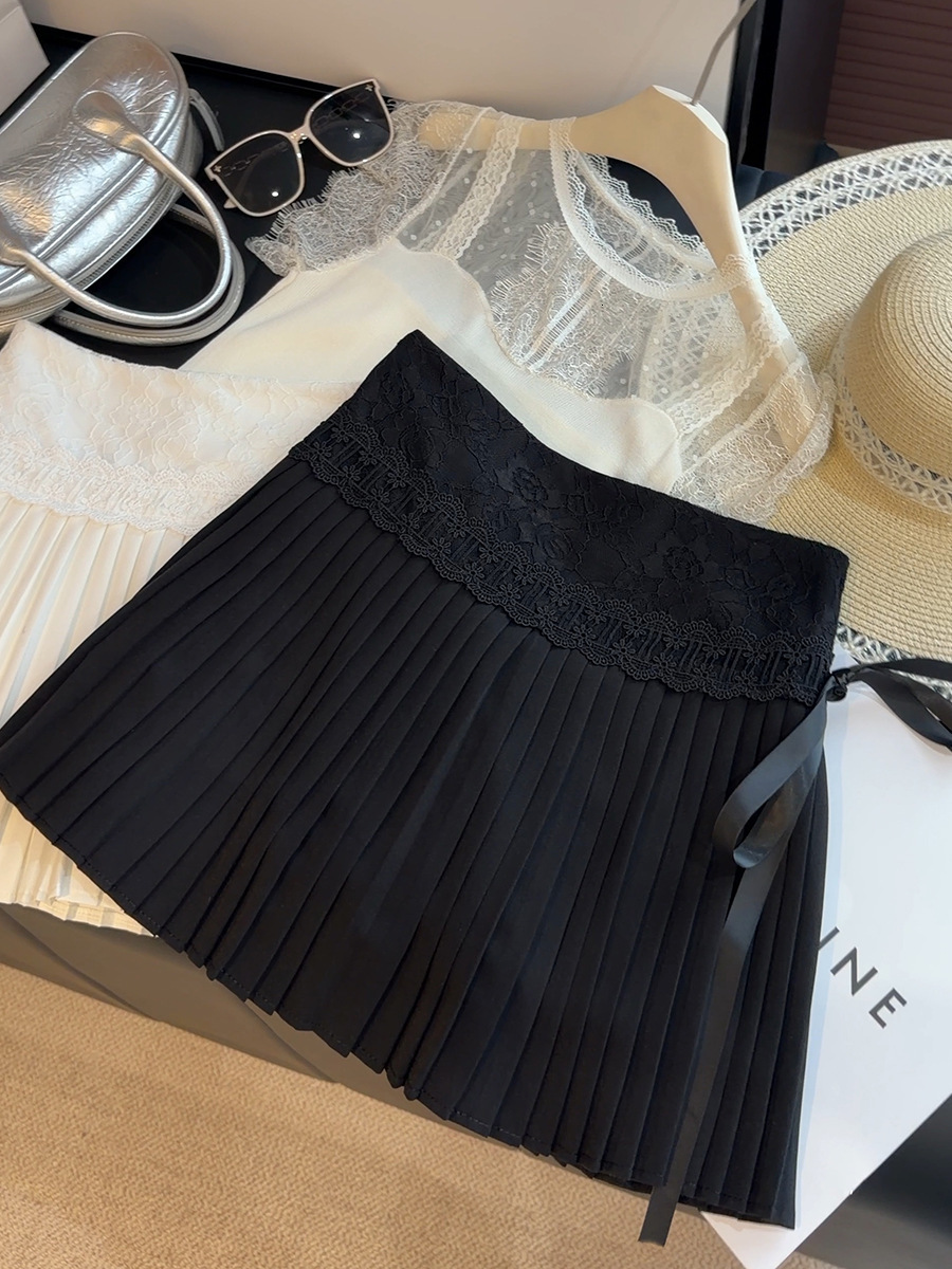 Lace Patchwork Tie-Waist Pleated Skirt for Women Summer High-Waisted Versatile Niche Design Slimming Cake Skirt Short Skirt 240516