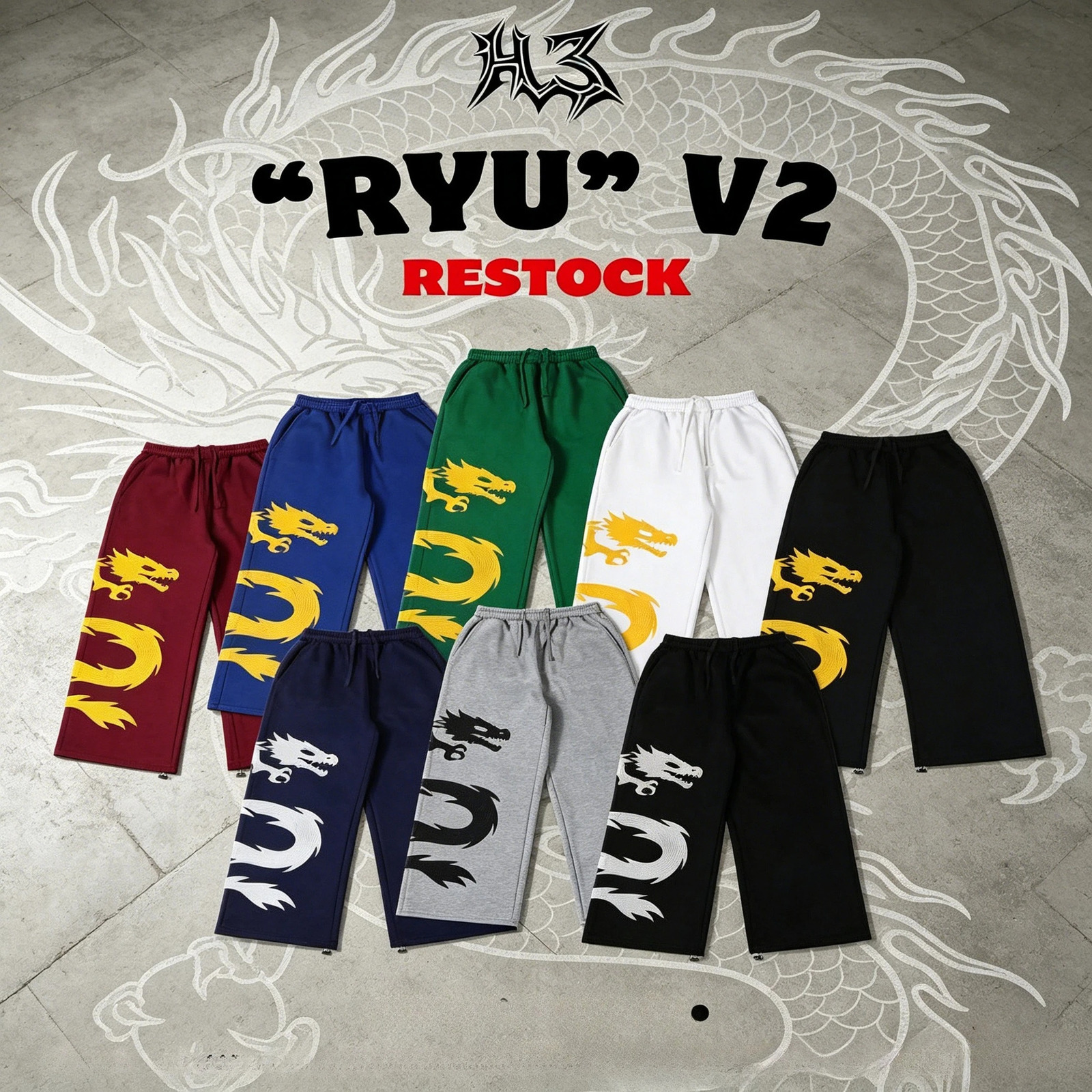 Y2K Ryu V2 Sweatpants Fashionable Multi Pigment Dragon Embroidered Loose Wide Leg Pants Vintage Harajuku Men Women Casual Pants 260613