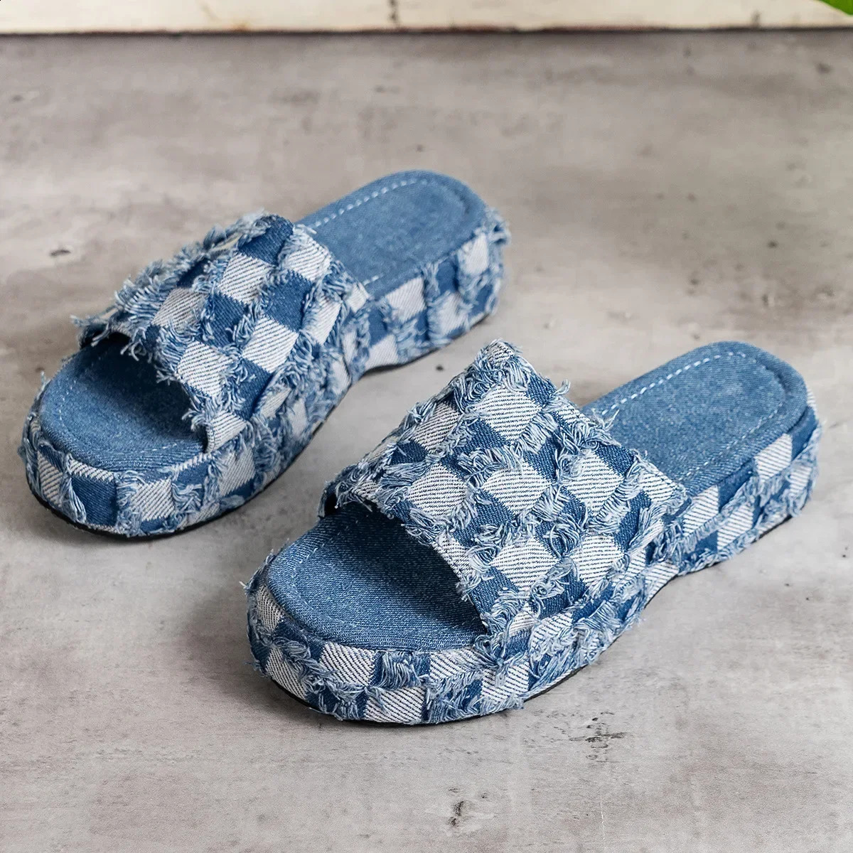 Women Denim Slides Summer Sandals Women Slip on Wedges Platform Casual Open Toe Fashion Jeans Canvas Slippers Leisure Shoes 260613 - view 7