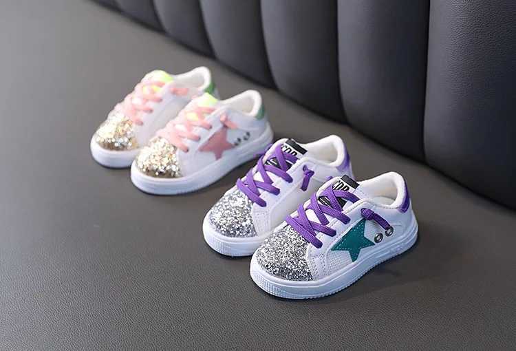 Children New Casual Sneakers Fashion Glitter Sequins Soft Bottom Breathable Board Sneaker Shoes Baby Girls Lace Up Sports Shoes C260617