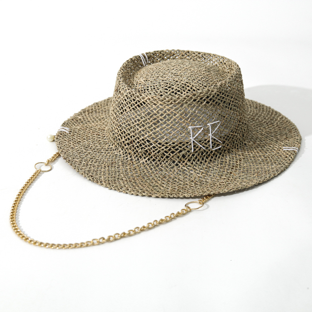 Summer sun hat Lafite grass French straw hat Womens chain decorated straw hat Holiday Sun hat Punk style beach 250325