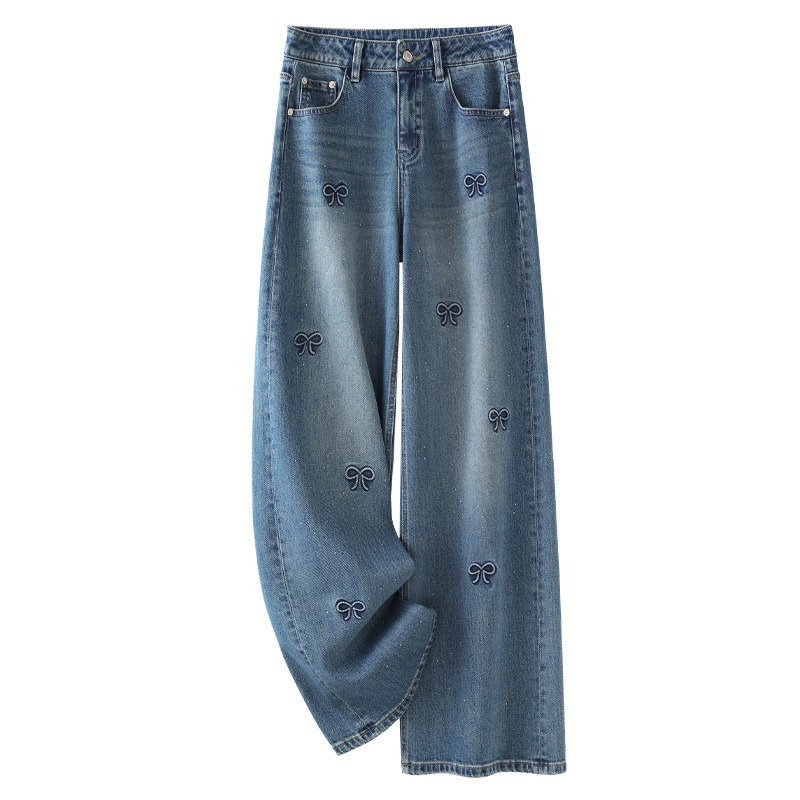 Hot stamping embroidered wide leg jeans for women 2026 new spring and autumn hot selling high waist slimming narrow version straight leg pants for spr