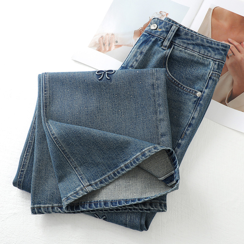 Hot stamping embroidered wide leg jeans for women 2026 new spring and autumn hot selling high waist slimming narrow version straight leg pants for spr