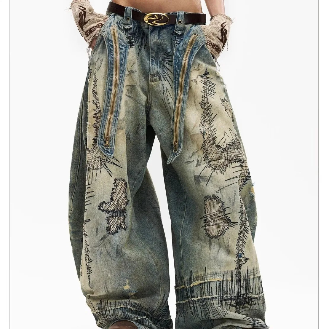 American Fashion Mens Blue Casual Trendy Daily Loose Wide Leg Hole Patched Embroideried Denim Trousers Male Jeans Pants 260612 - view 4