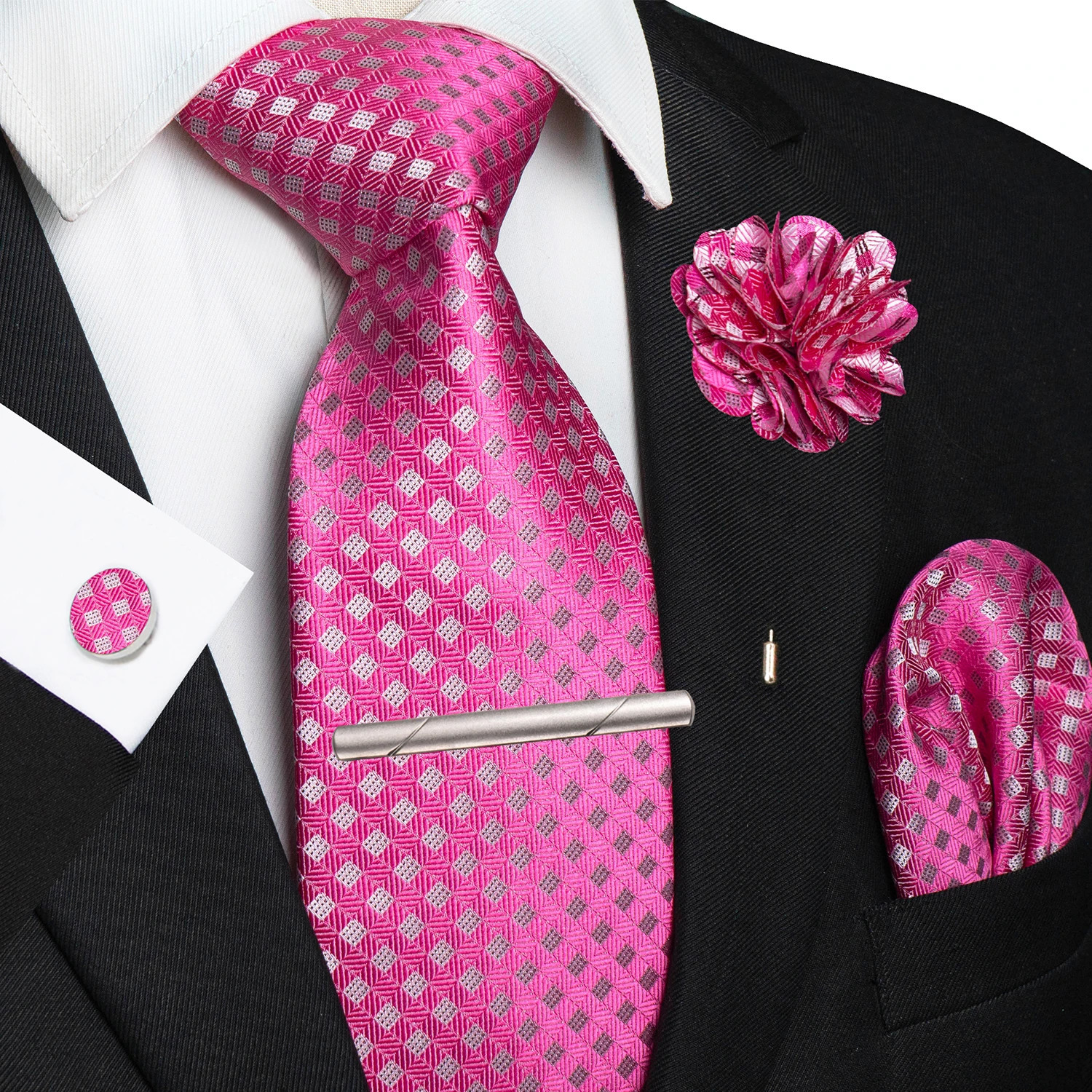 Brown Yellow Plaid Ties For Men y 8cm Silk Tie Pin Pocket Square Cufflinks Clip Set Business Party Wedding Accessories y260611 - view 3