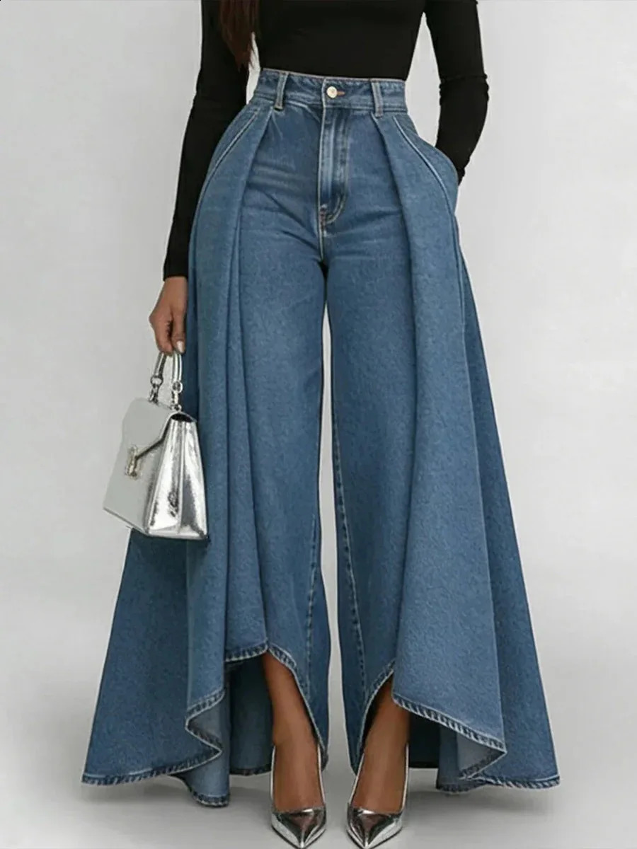 Womens High Waisted Wide Leg Jeans Overlay Flare Denim Pants With Pockets For Female Street Elegant Fashionable Long y260611 - view 4