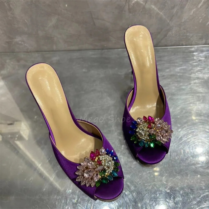 Crystal Stiletto High Heels Purple Velvet Slippers for Women Banquet Shoes Sexy Sandals Shoes Handmade High Quality Big Size 43 260616 - view 5