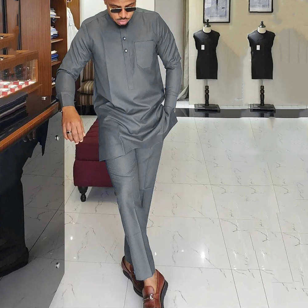 Men's wedding new suit 2-piece men's pants set solid color round-neck long-sleeve festival African ethnic style X250704