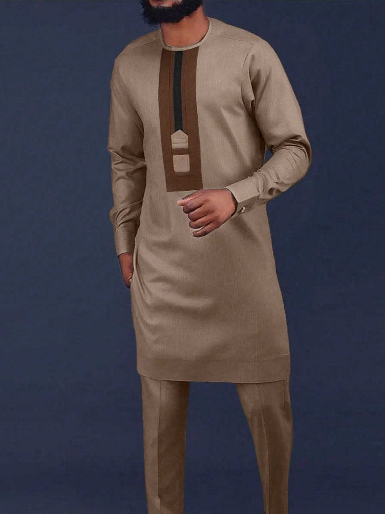 Men's wedding new suit 2-piece men's pants set solid color round-neck long-sleeve festival African ethnic style X250704