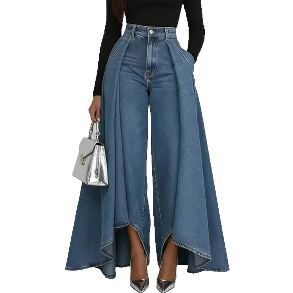 Womens High Waisted Wide Leg Jeans Overlay Flare Denim Pants With Pockets For Female Street Elegant Fashionable Long y260611 - view 3