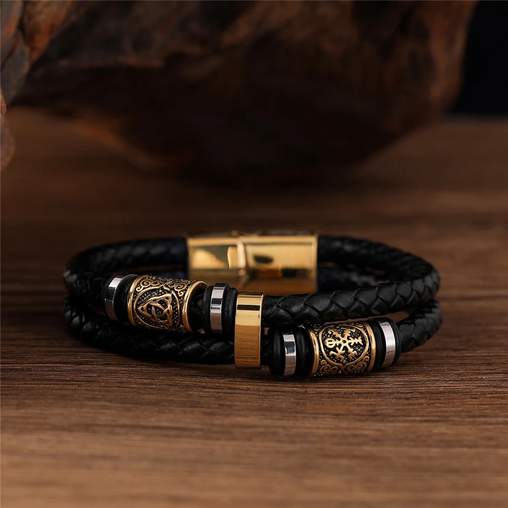 Viking Norse Runes Bracelet Men Women Punk Stainless Steel Genuine Leather Adjustable Bangle Scandinavian Couple Jewelry Gifts 260616 - view 5