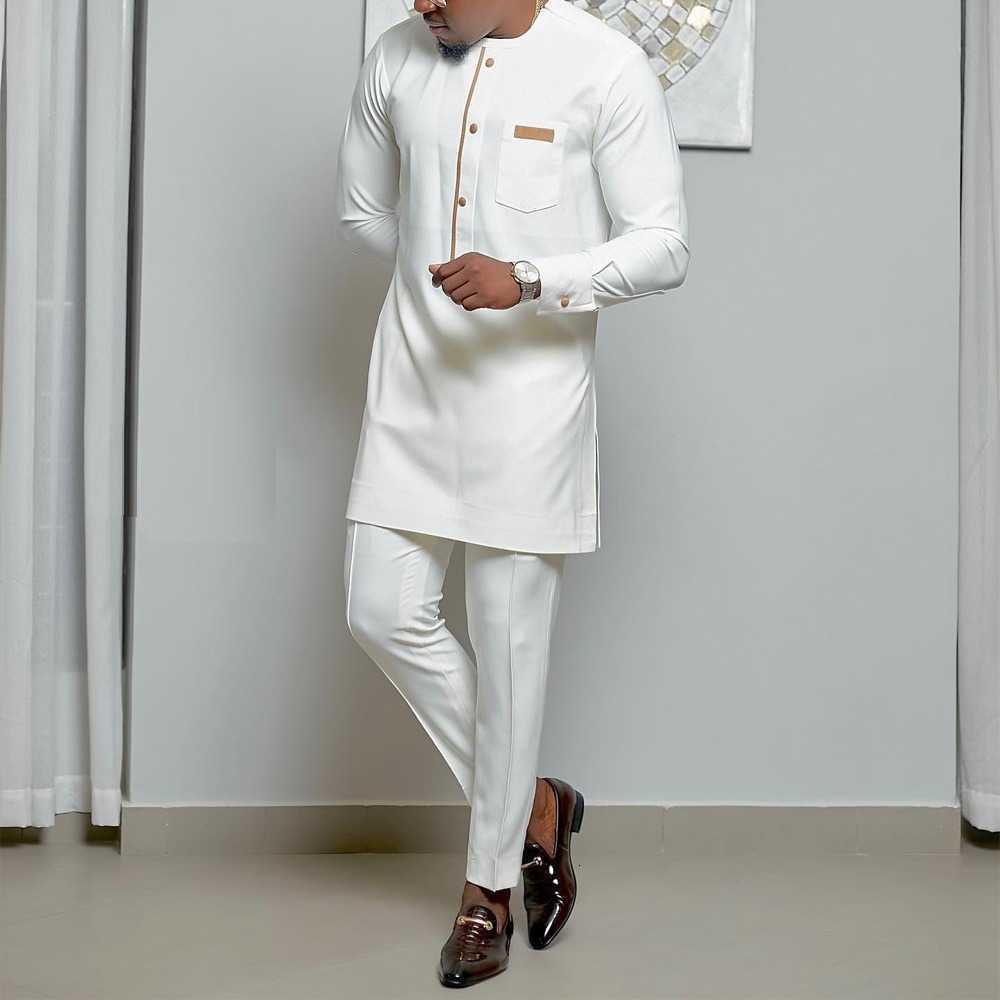 Men's wedding new suit 2-piece men's pants set solid color round-neck long-sleeve festival African ethnic style X250704