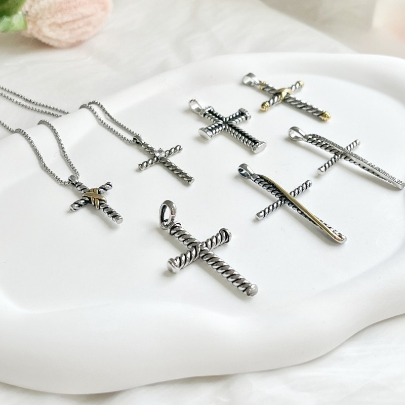 Designer Cable Cross Necklace Luxury 925 Silver Pendant Necklace Vintage Twisted Cable Punk Necklace Fashion Unisex Jewelry with Logo