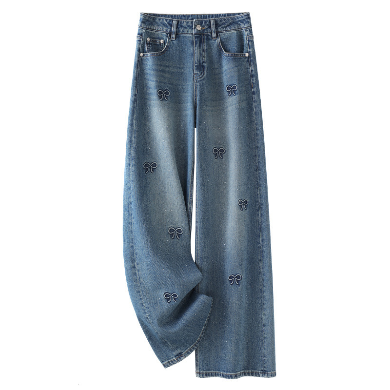 Hot stamping embroidered wide leg jeans for women 2026 new spring and autumn hot selling high waist slimming narrow version straight leg pants for spr