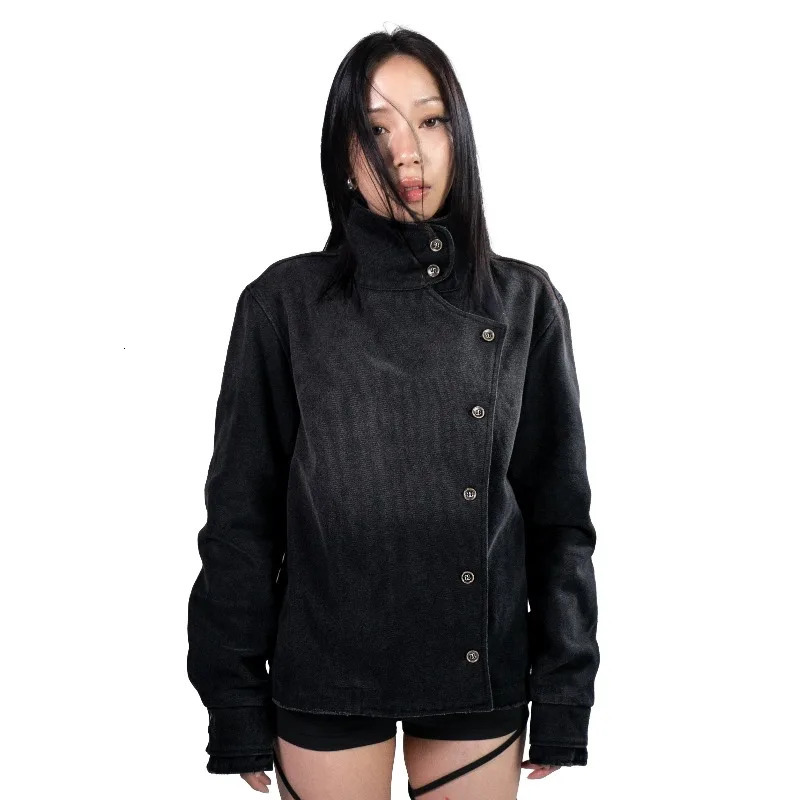 Y2k Fencing Jacket Vintage Wash Gradient Irregular Buttons Unisex Jacket Gothic Harajuku Streetwear Canvas Cotton Casual Jacket 260707