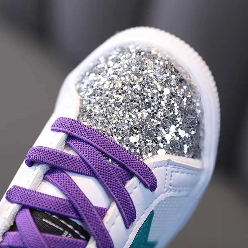 Children New Casual Sneakers Fashion Glitter Sequins Soft Bottom Breathable Board Sneaker Shoes Baby Girls Lace Up Sports Shoes C260617