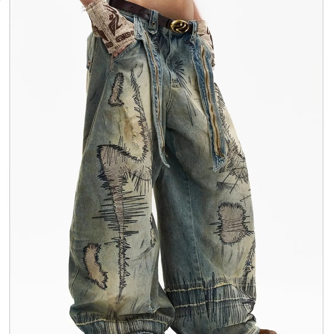American Fashion Mens Blue Casual Trendy Daily Loose Wide Leg Hole Patched Embroideried Denim Trousers Male Jeans Pants 260612 - view 5