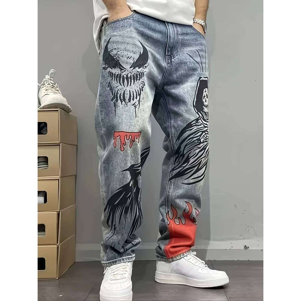Retro American-Style Blue American Street Graffiti Print Loose Straight-Leg Denim Pants W260617 - view 4