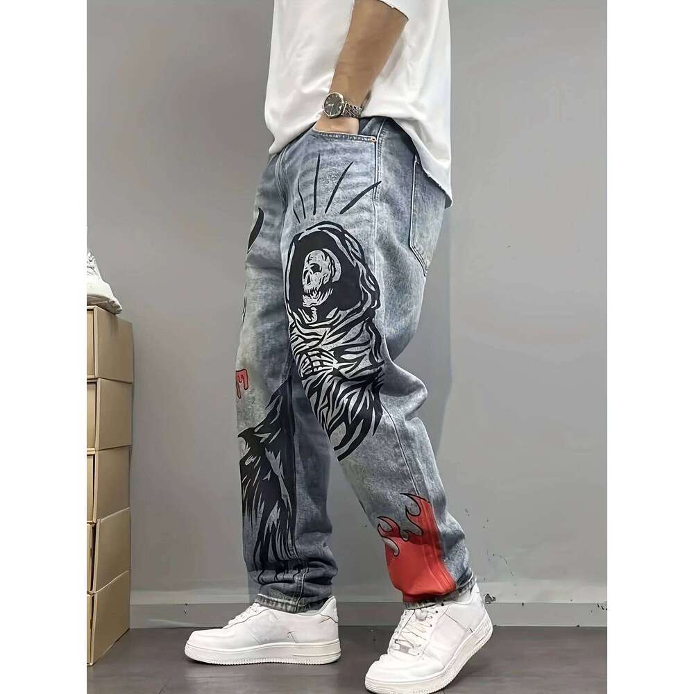 Retro American-Style Blue American Street Graffiti Print Loose Straight-Leg Denim Pants W260617