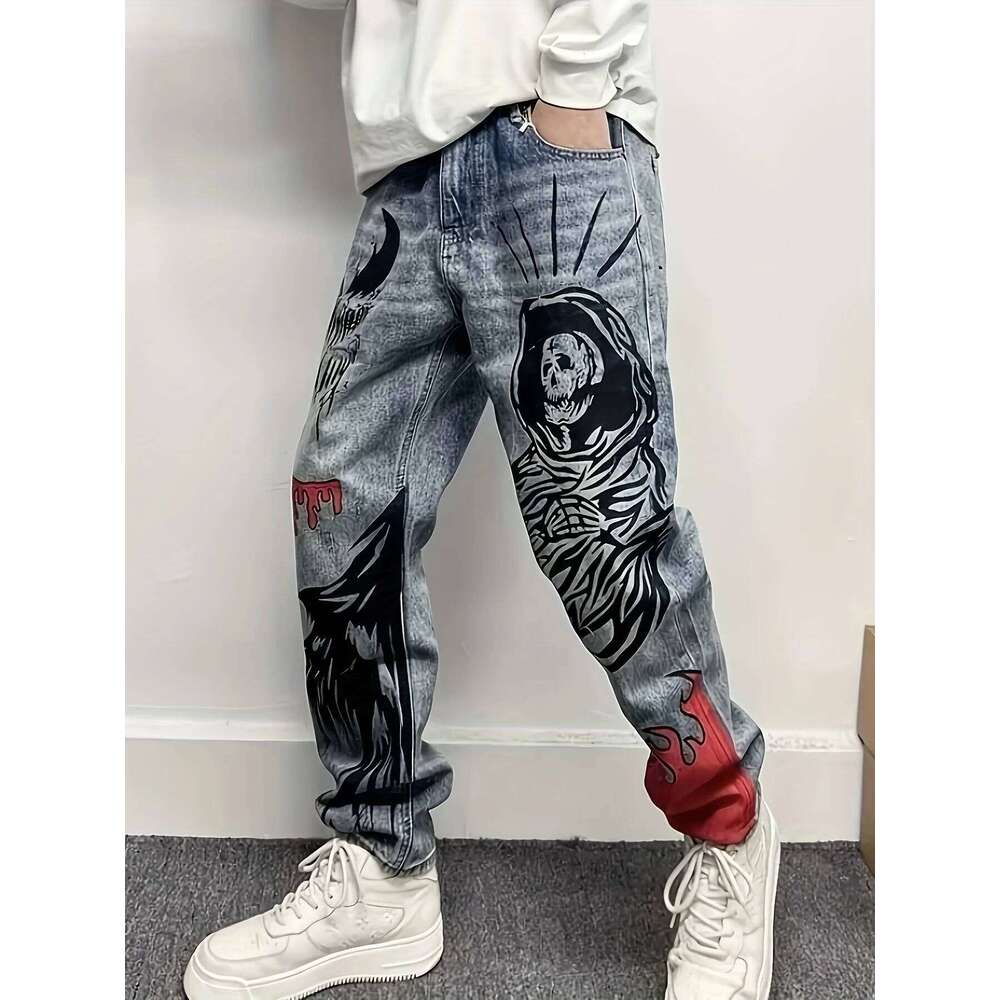 Retro American-Style Blue American Street Graffiti Print Loose Straight-Leg Denim Pants W260617 - view 6
