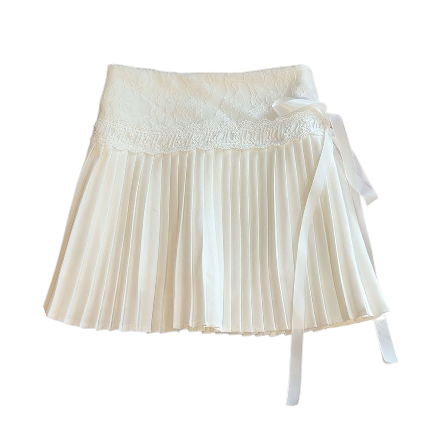 Lace Patchwork Tie-Waist Pleated Skirt for Women Summer High-Waisted Versatile Niche Design Slimming Cake Skirt Short Skirt 240516